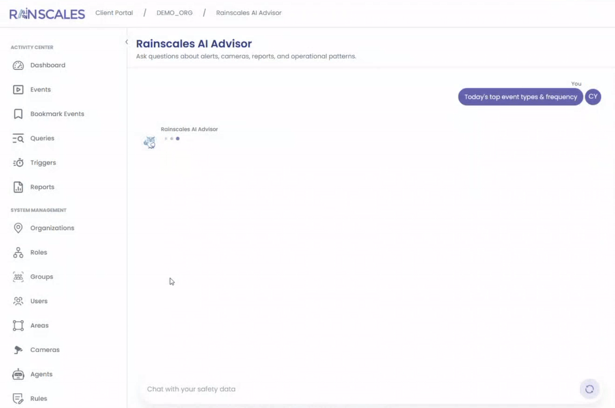 Rainscales AI Advisor interface showing a user asking questions about events and operational patterns